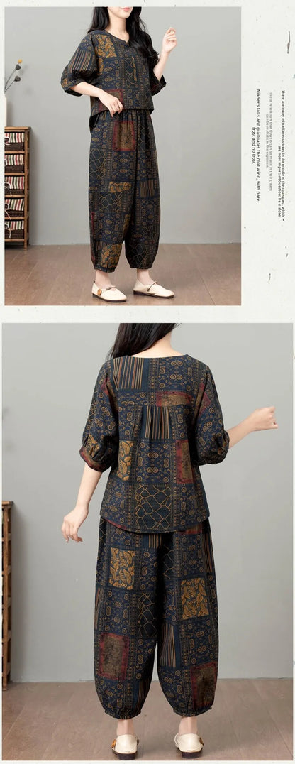 New Summer Floral Print Midi Sleeve Cotton Linen Loose Women's Two-Piece Set Ethnic Style Mom Clothes Comfortable Breathable