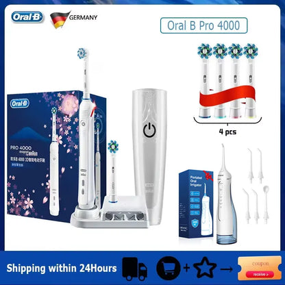Oral B Electric Toothbrush Pro 4000 3D Action Daily Clean Teeth Visible Pressure Sensor 4 Modes Gum Cares Waterproof Rechargeabl