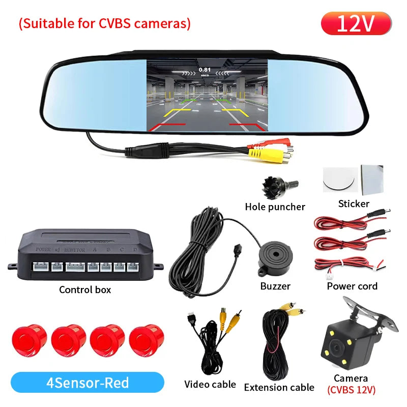 4.3 Inch Car Rearview Mirror Reversing Radar 4 Parking Sensors HD Screen For CVBS Camera Waterproof Parking Assistance System