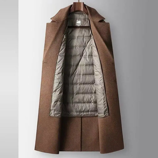 2025 Autumn/Winter New Men's 100% Wool Coat Knee length Double breasted Goose Down Inner Tank Thickened for Warmth