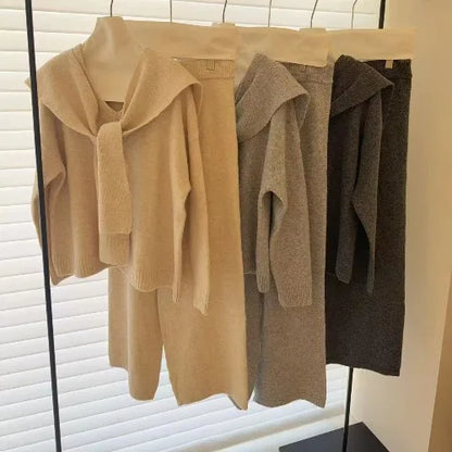 Loose V-neck Knitwear Women's Fashion Sweater Small Shoulder Drape Wide Leg Pants Autumn Three-piece Set Korean Style