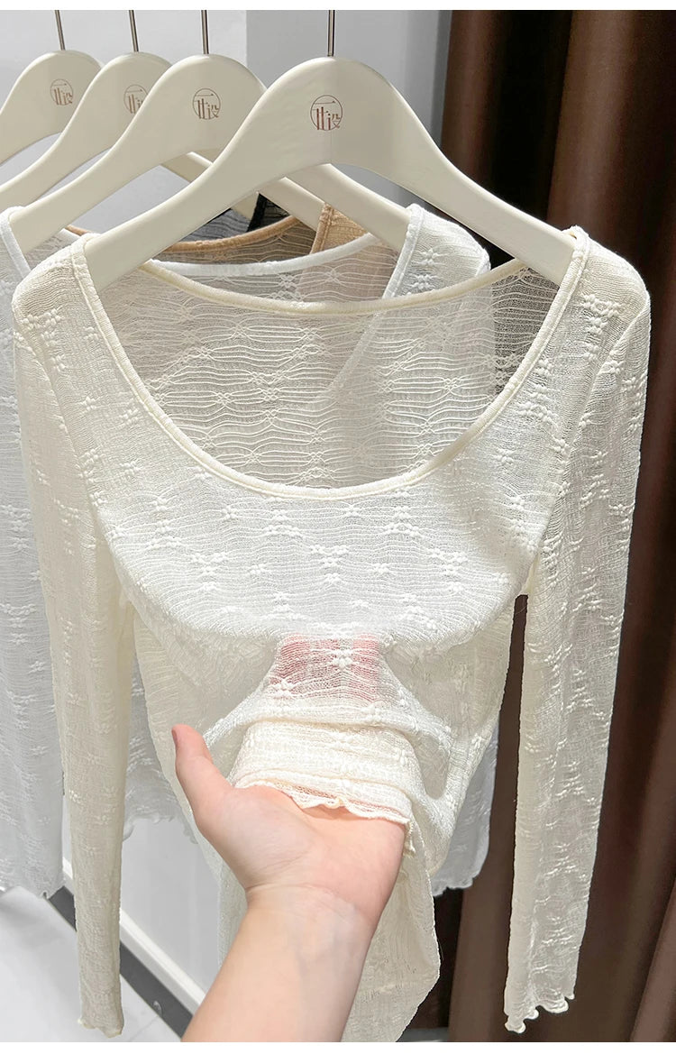 Sexy Lace Base Shirt Inner Wear Light Mesh Top Floral Trim Shoulder Exposure Thin Nylon Fabric Long Sleeve round Neck Spring ...