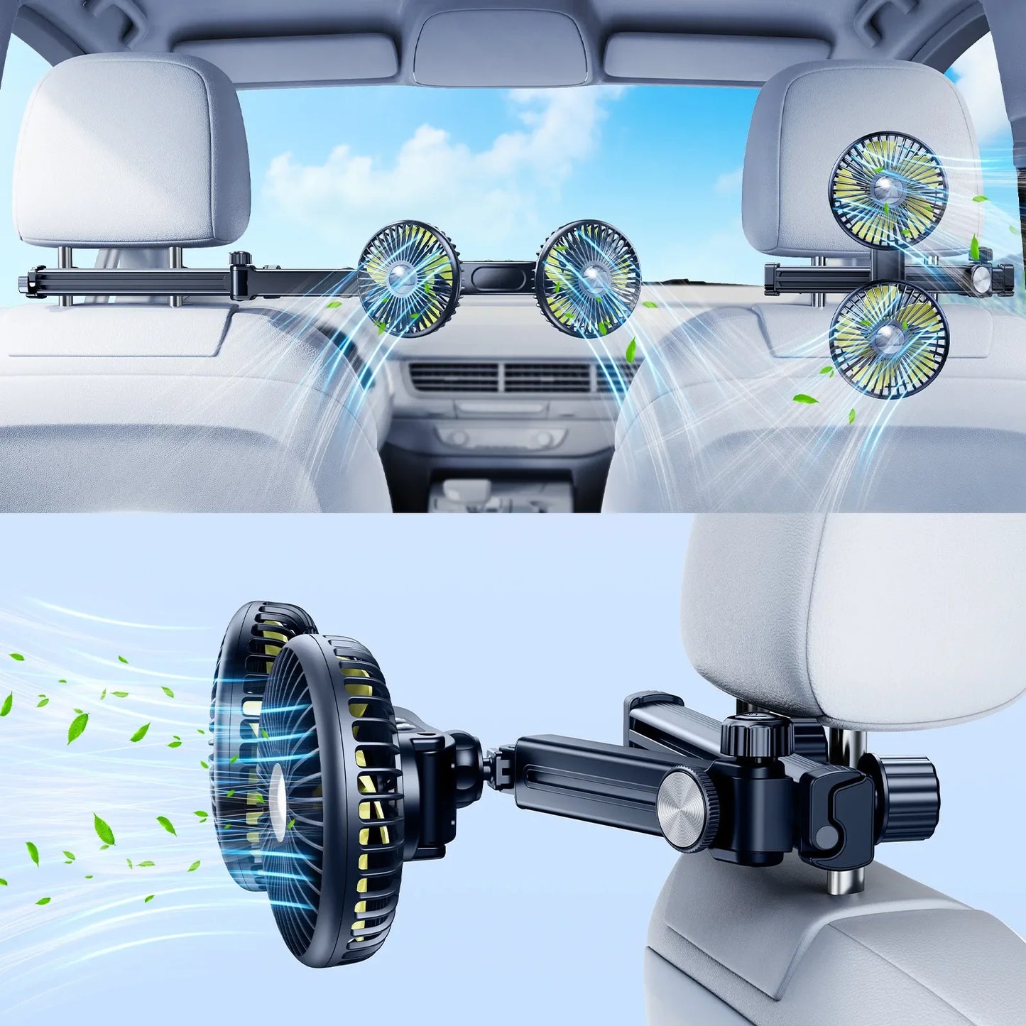 Hipacool Extension Arm Dual-Head Fan for Car Headrest 360° Rotation Air Cooling Fan Angle Adjustable 3-Speed Wind Brushless Fan