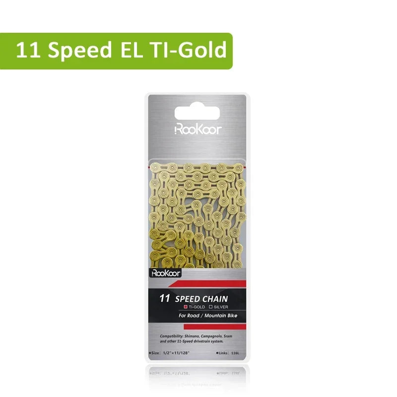 Rookoor Bicycle Chain 6 7 8 9 10 11 Speed Velocidade Titanium Plated TI Gold Silver Mountain Road Bike MTB Chains Part 116 Links