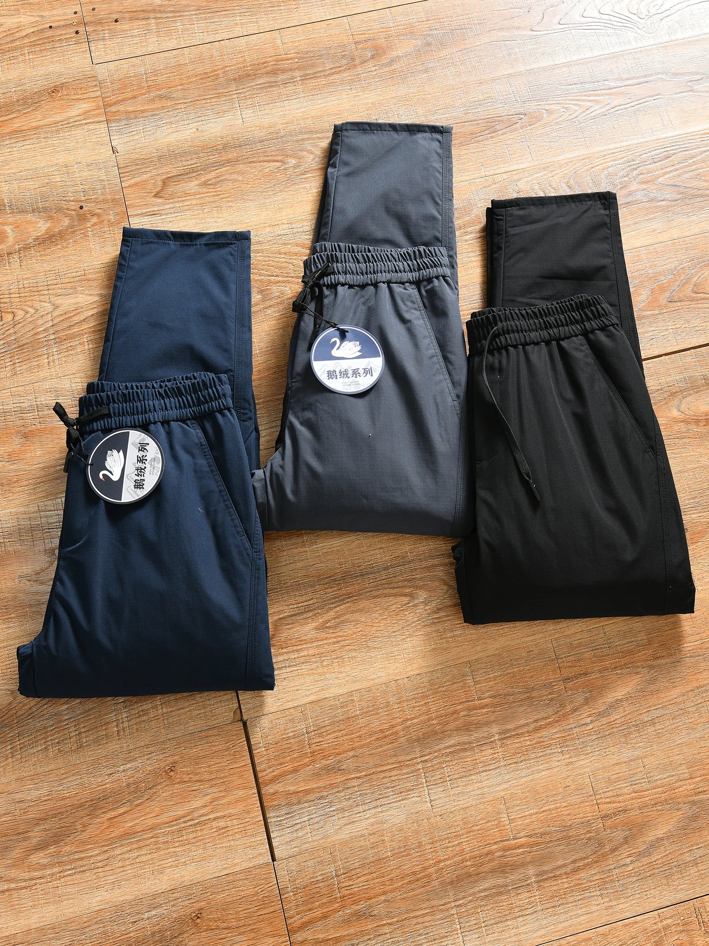 Thickened Goose down Winter Outdoor Men's Casual Elastic Waist Pants Warm Stylish Long Straight Tube Polyester Fiber Trousers