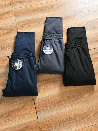Thickened Goose down Winter Outdoor Men's Casual Elastic Waist Pants Warm Stylish Long Straight Tube Polyester Fiber Trousers