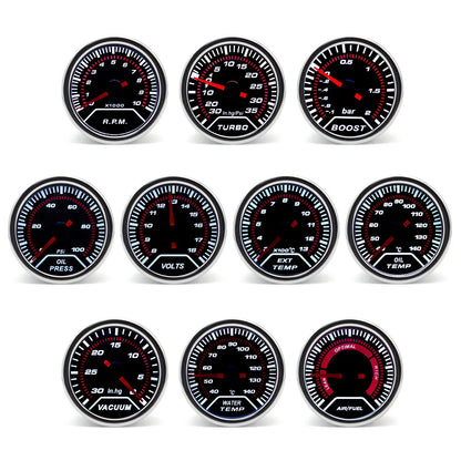 52mm Racing Gauge 12V LED Smoke Len -1~0~2 BAR Turbo Boost Water Temperature Oil Pressure Voltmeter Air Fuel Ratio Meter For 12V