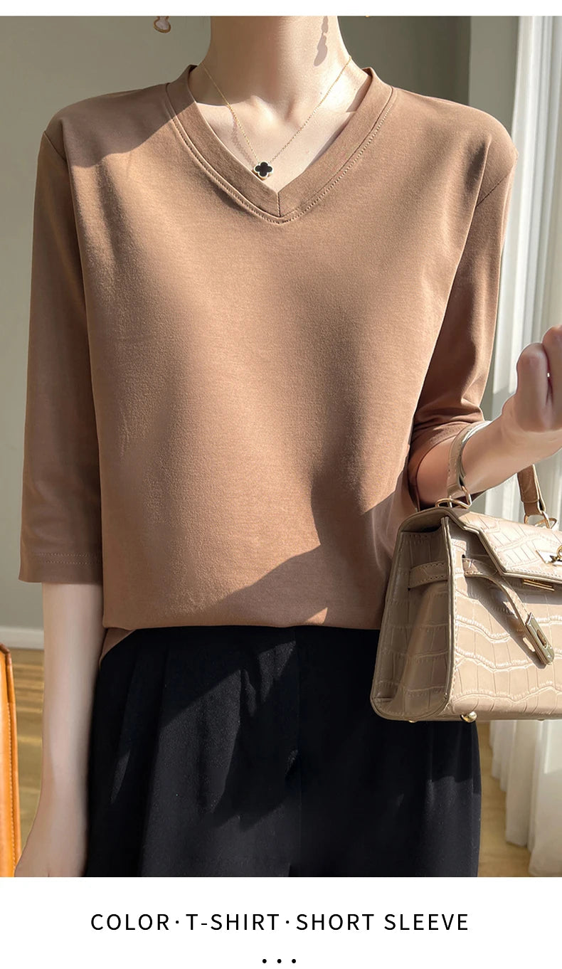 Spring And Summer New White Mercerized Cotton Cropped Sleeve T-shirt Feminine Joker 100% Cotton Bottoming Shirt Half Sleeve