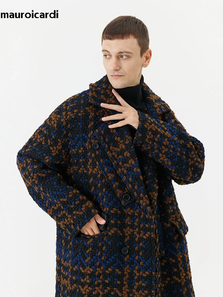 Mauroicardi Autumn Winter Long Loose Stylish Cool Thick Warm Plaid Tweed Woolen Coat Men Double Breasted European Fashion 2023