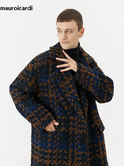 Mauroicardi Autumn Winter Long Loose Stylish Cool Thick Warm Plaid Tweed Woolen Coat Men Double Breasted European Fashion 2023