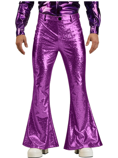 Men's Sequin Flare Pants High Waist Sparkly Bell Bottom Trousers Shiny Glitter Stretchy Breathable for Stage Performance Party