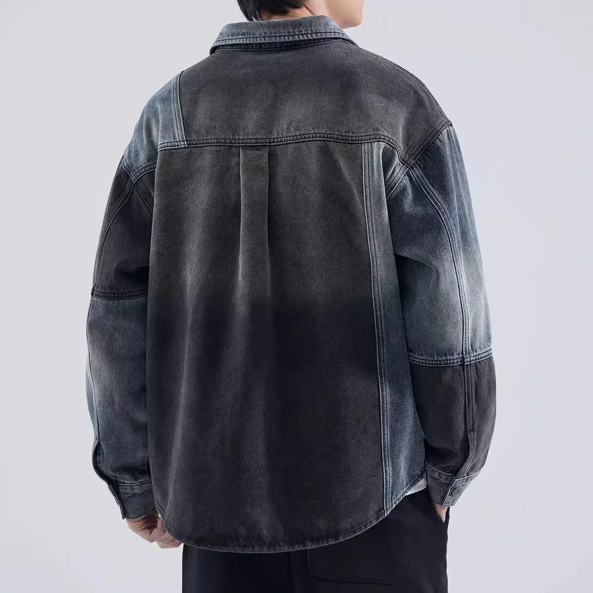 American Retro Spliced Denim Jacket, Men's Spring and Autumn New Trendy Brand Loose Casual Shirt, Tooling Jacket Top