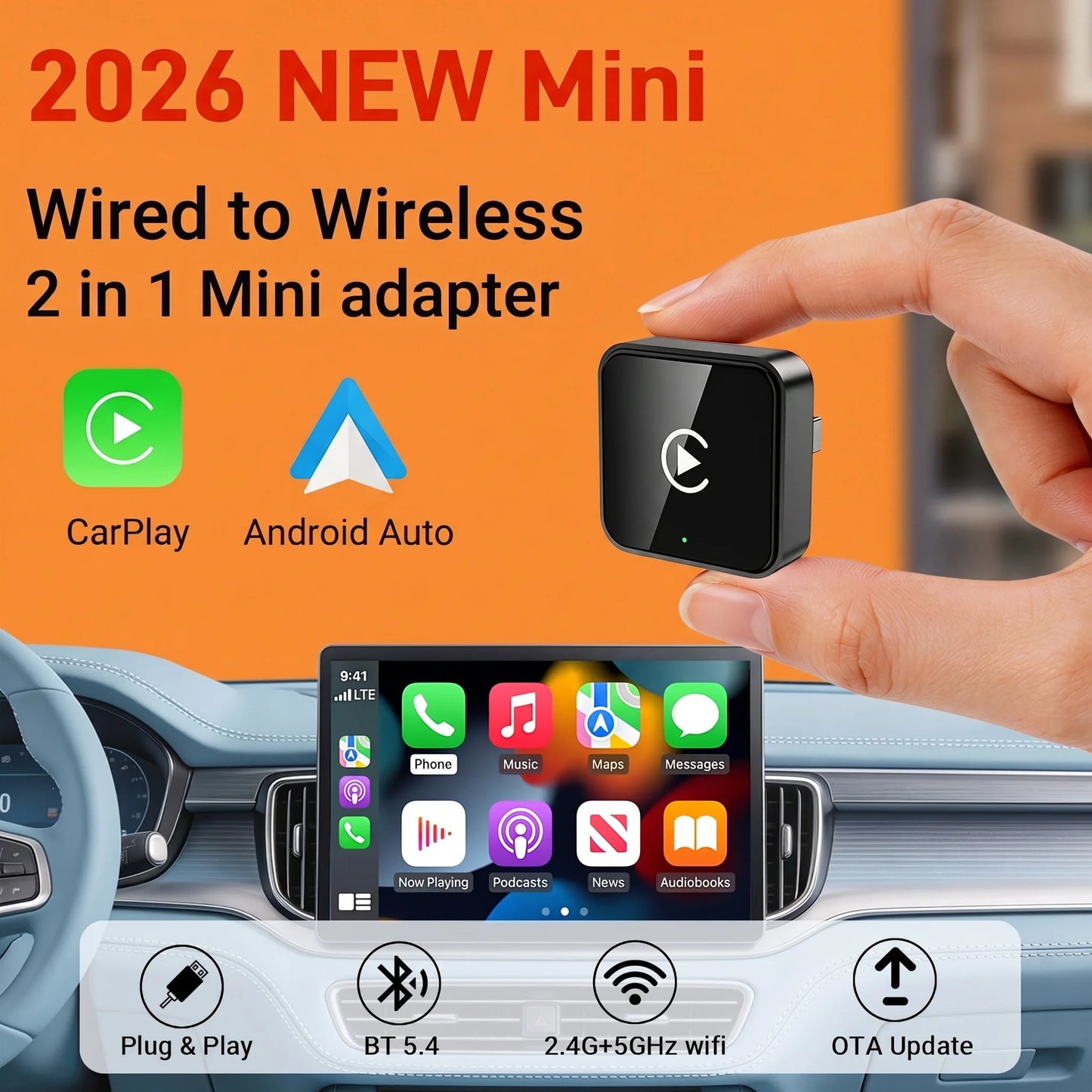 Smart 2in1 CarPlay Android Auto Adapter, Universal Mini Wireless Dongle for Car Entertainment System, Plug and Play Upgrade Wire