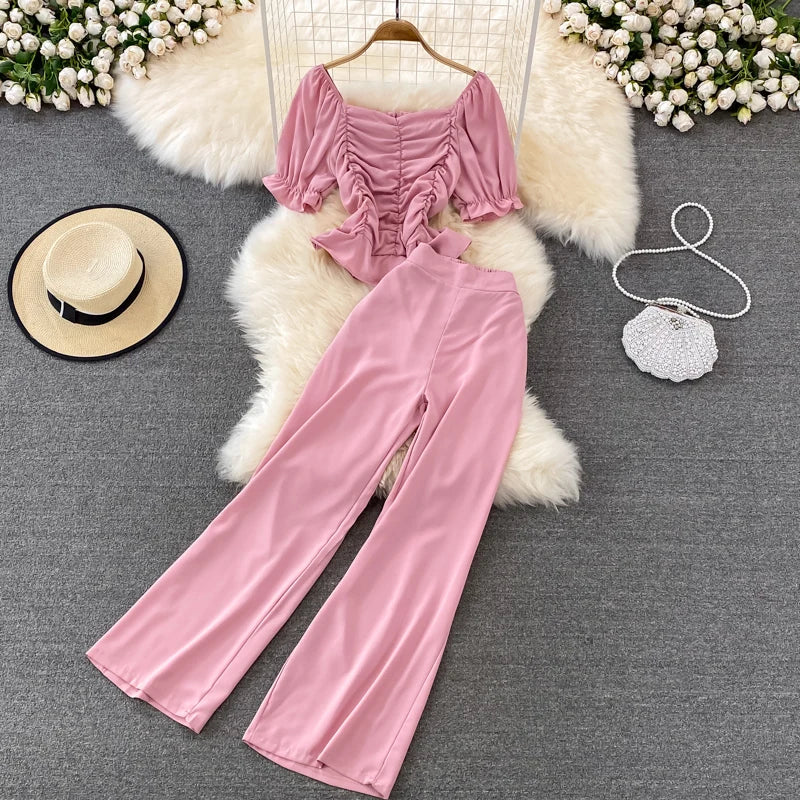 Faionable Casual Women's Set High Waist Wide Leg Pants Long Pants Two Piece Square Collar Slim Fit irt Spring