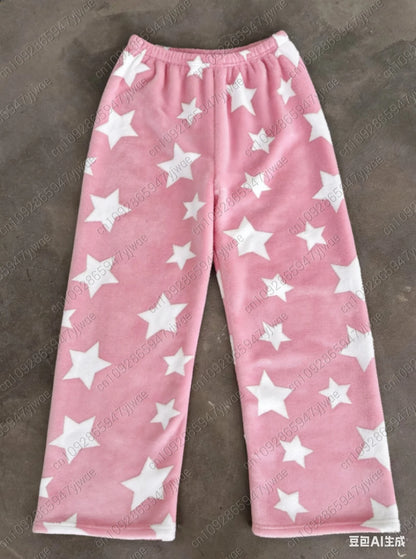 2025 Winter Women cartoon stars print  plush Pajama Pants women Soft Trousers Cute Women Casual Home Anime Cartoon  Pajama Pants