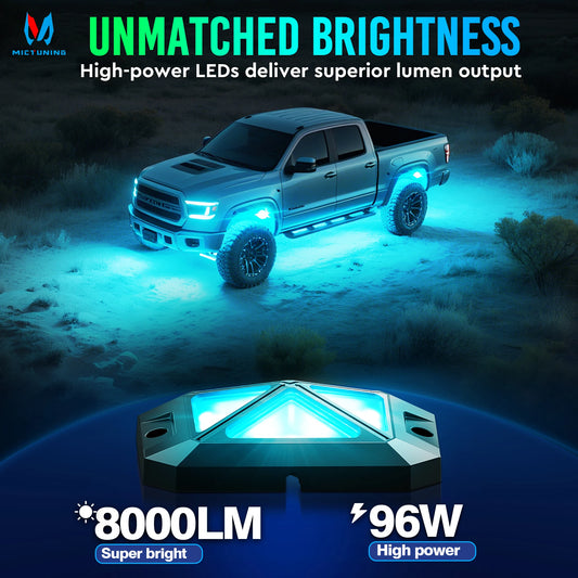 C4 RGBW LED Rock Lights,IP68 Waterproof 16 Pods 360° Ultra-Bright  4-Sided Wide Beam Angle Underglow Neon Accent Lighting Kit
