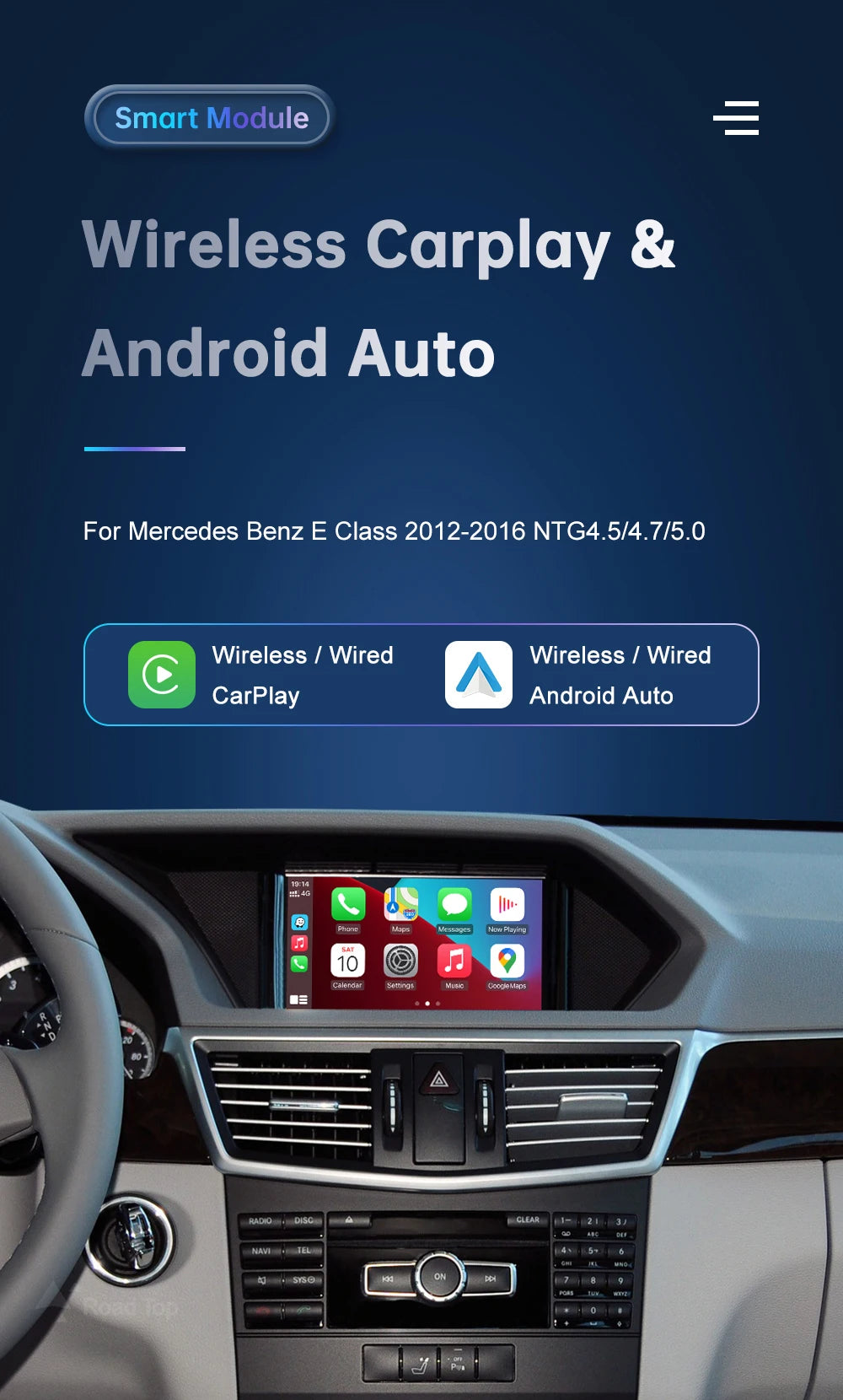 Road Top Wireless CarPlay for Mercedes Benz E-Class W212 E Coupe C207 NTG4.5/4.7/5.0 2011-2015 with Airplay Android Auto