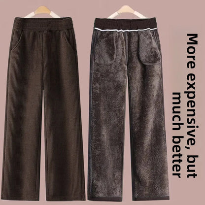 Fleece Lined Thick Corduroy High Waist Wide Leg Pants Women's Autumn Winter New Style Drapey Mom Straight Leg Trousers Trendy