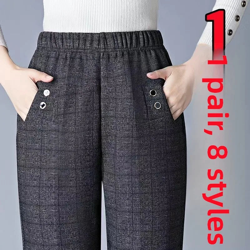 Women's Fleece Lined Loose Straight Leg Elastic Waist Casual Pants Thickened Autumn Winter New Style Cotton Sheepskin Velvet