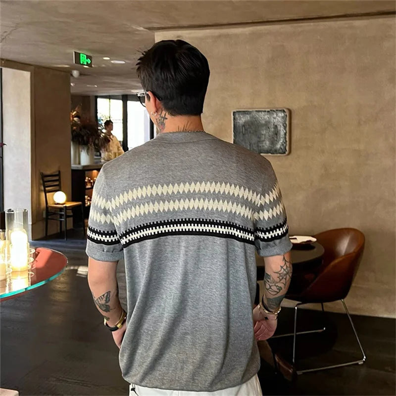 2026 Summer Men's Button Cardigan Knit Short Sleeve T-Shirt Fair Isle Cleanfit Casual Polo Shirts Stripe Color-Block Collar Top