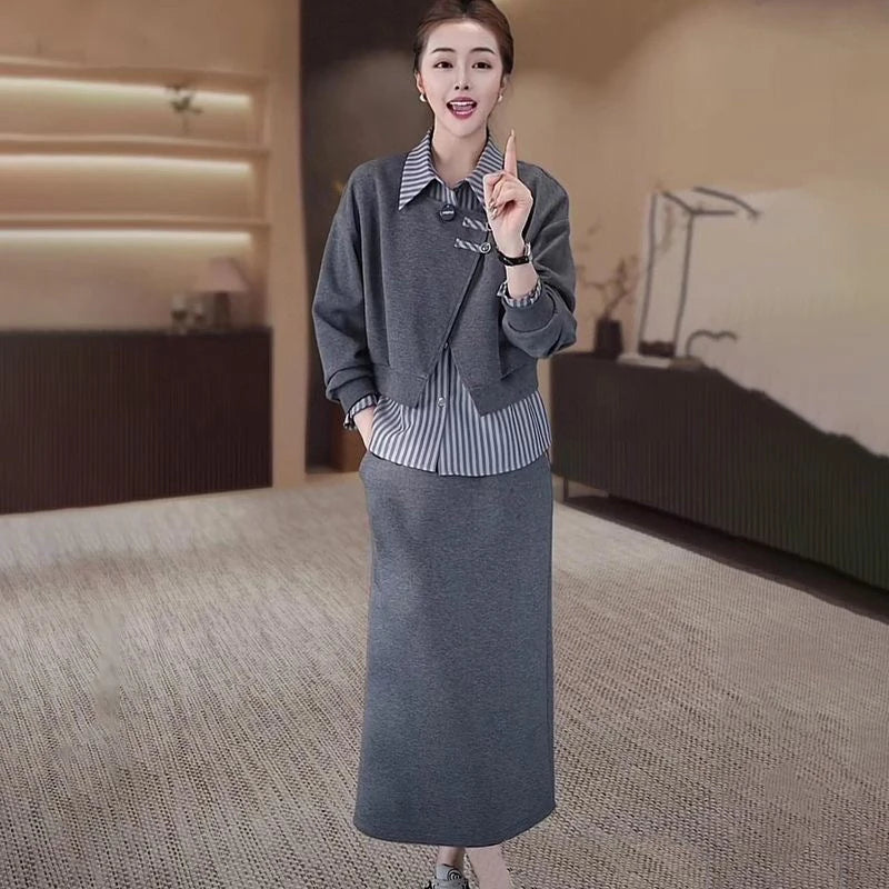 Fashionable Fake Two-Piece Hoodie Split  Skirt Set Women's Long Sleeve  Collar Polyester Fiber Slimming Design Autumn...