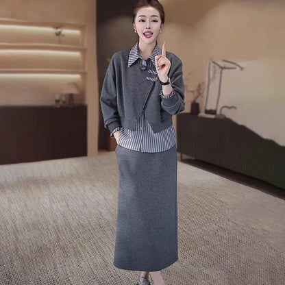 Fashionable Fake Two-Piece Hoodie Split  Skirt Set Women's Long Sleeve  Collar Polyester Fiber Slimming Design Autumn...