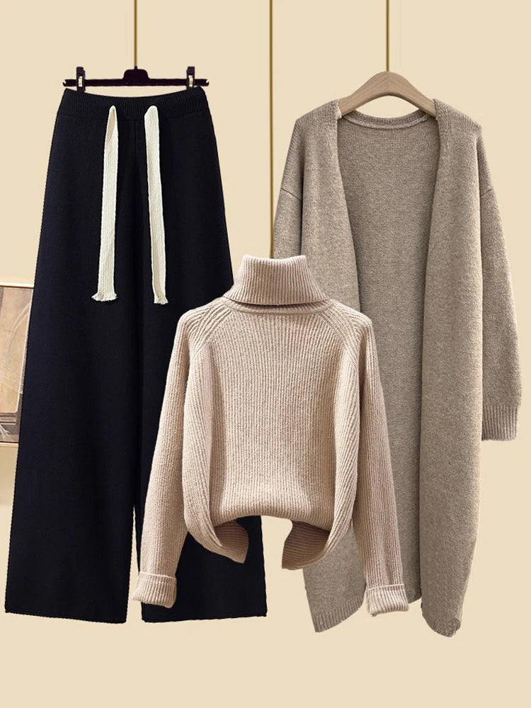 Fashionable Knitted Three-Piece Set Women's Autumn New Lazy Style Open Cardigan Outerwear Slimming Wide Leg Pants
