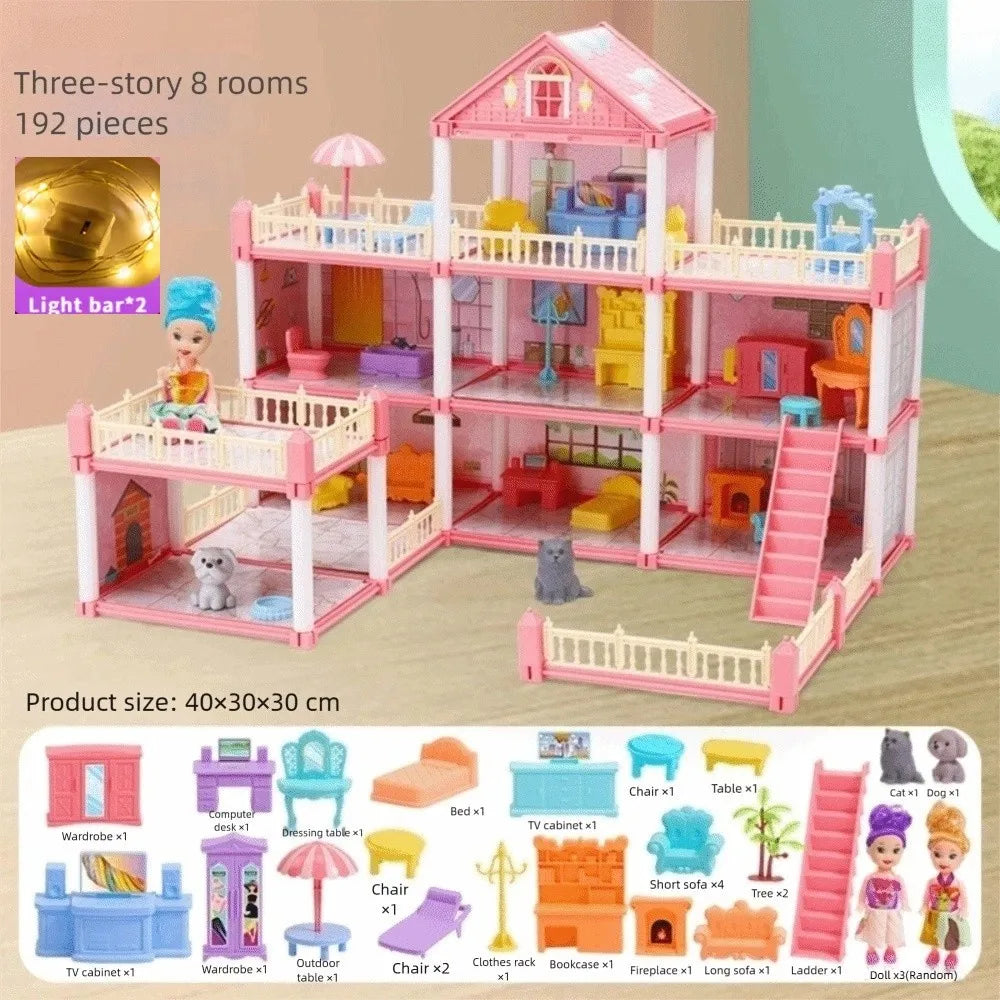 Creative 3D Doll House Set Miniature Furniture Toy Gift Role Play Toys with LED Lighting Villa House Girl