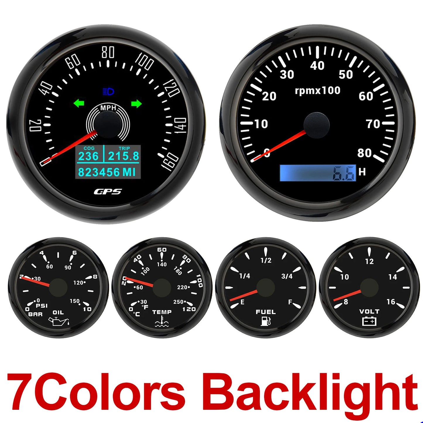 6 Gauge Kit 85mm GPS Speedometer 200KM/H Tachometer 8000RPM Fuel Level Water Temp 0-120℃ Oil Pressure Gauge 12V Voltage Meter