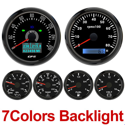 6 Gauge Kit 85mm GPS Speedometer 200KM/H Tachometer 8000RPM Fuel Level Water Temp 0-120℃ Oil Pressure Gauge 12V Voltage Meter