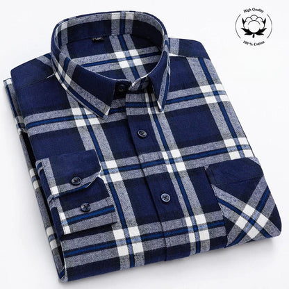 Autumn Winter Plaid Shirts Thick Flannel Shirt Standard-Fit for Men Long Sleeve Pure Cotton  Patch Pocket Design Young