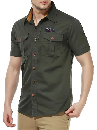 Men's military-style short-sleeved shirt, 100% cotton, multi-pocket design, lightweight and comfortable