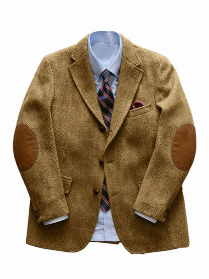 Men's Vintage Herringbone Tweed Blazer With Elbow Patch 2 Button Single Breasted Cotton Casual Slim Fit Business Jacket XS-7XL