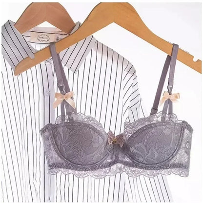 BANERDANNI French Lace Bralette Set Breathable Non-Padded Bra for Petite Sheer Floral Lingerie Wireless Comfort Anti-Gap Design