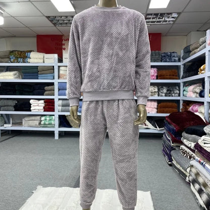 Couples Flannel Sleepwear Hooded Home Clothes Set Men Women Casual Warm Long Sleeve round Neck Wide Leg Pants Comfortable