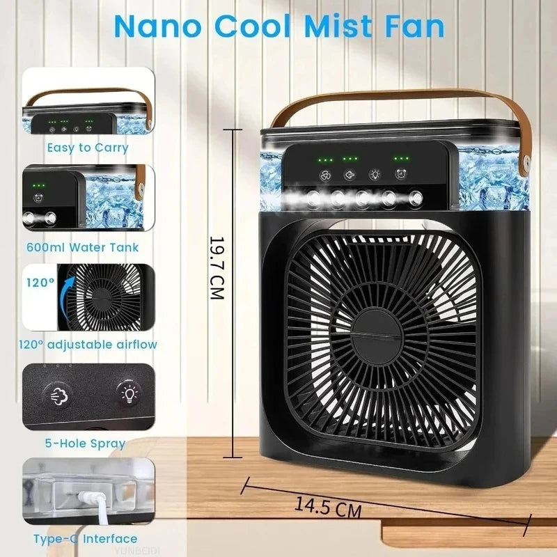 Three-in-one Fan Air Conditioner LED Light Portable Humidifier Air Conditioner Fan 3/4 Wind Speed Outdoor Travel Water Spray Fan