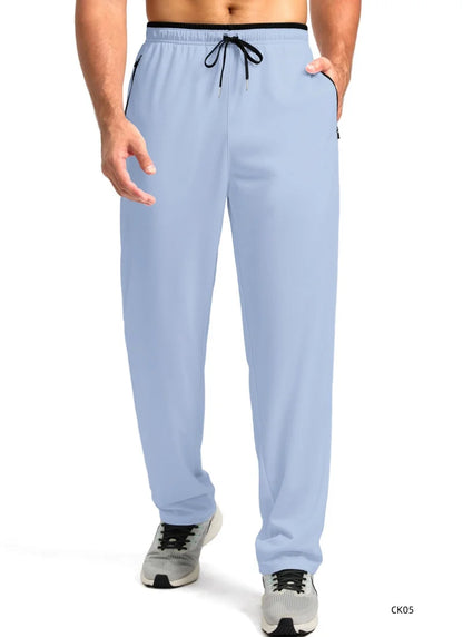Men High Elastic Breathable Ice Cool Sports Long Pants Outdoor Quick Dry Straight Trousers Drawstring Waist Zipper Pocket Design