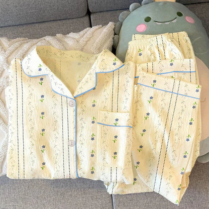Girls Stripe Sleepwear Women's  Knot Star Long Sleeve Long Pants Korean Style Sweet Crepe Home Clothes Set