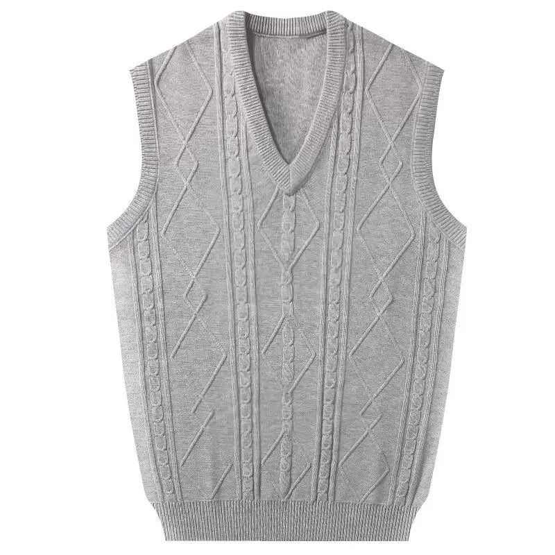 Business Jacquard Men's Sweater Vest Thick Knitted Solid Color Simple Pullover Autumn Winter Waistcoat