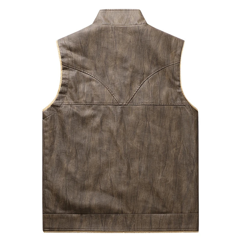 Mens Leather Vest Fleece Lined Warm Winter Motorcycle Vest Jacket Casual Leather Biker Jackets with Zipper Pocket Outwear Coat