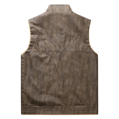 Mens Leather Vest Fleece Lined Warm Winter Motorcycle Vest Jacket Casual Leather Biker Jackets with Zipper Pocket Outwear Coat