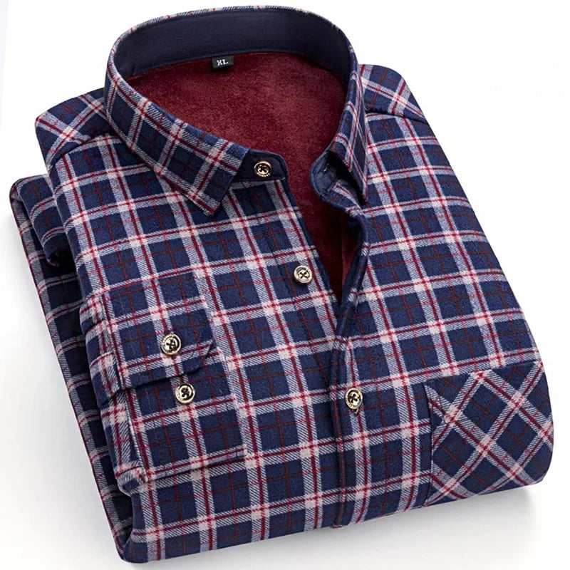 Winter Warm Shirt For Man Thickened Flannel Plaid Casual Menswear Long Sleeve Plus Fleece Big Size Regular Fit Smart Dress Shirt
