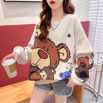 Spring Loose Fit Women's Hoodless Sweatshirt Thin New Korean Style Casual Outerwear Top Bamboo Cotton Long Sleeve round Neck
