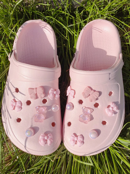12 pieces of shoe decoration pink series (bow tie bear, pink butterfly ABS pearl) accessories - easy to install removable DIY de