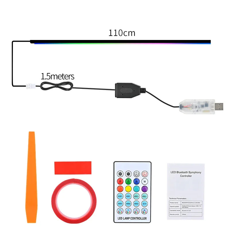 5V USB RGB Symphony Car Ambient Light 1/6/10 in 1 Interior Acrylic LED Strip Light Decoration Atmosphere Lamp By APP Control
