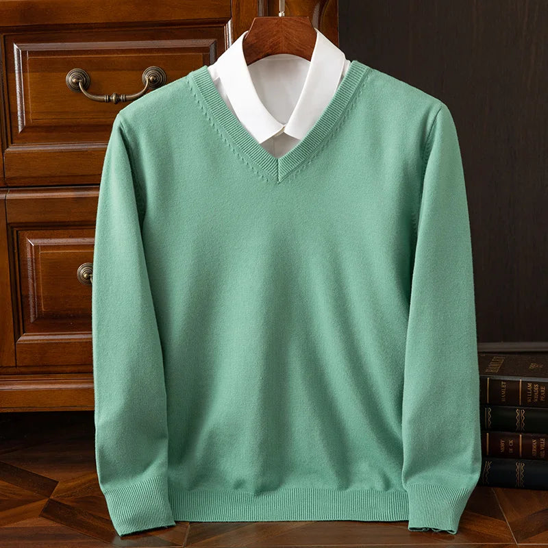 Autumn Winter Basic Merino Wool V-neck Sweater Men's Fashionable Casual Business Knitwear Cashmere Pullover Clothing Tops