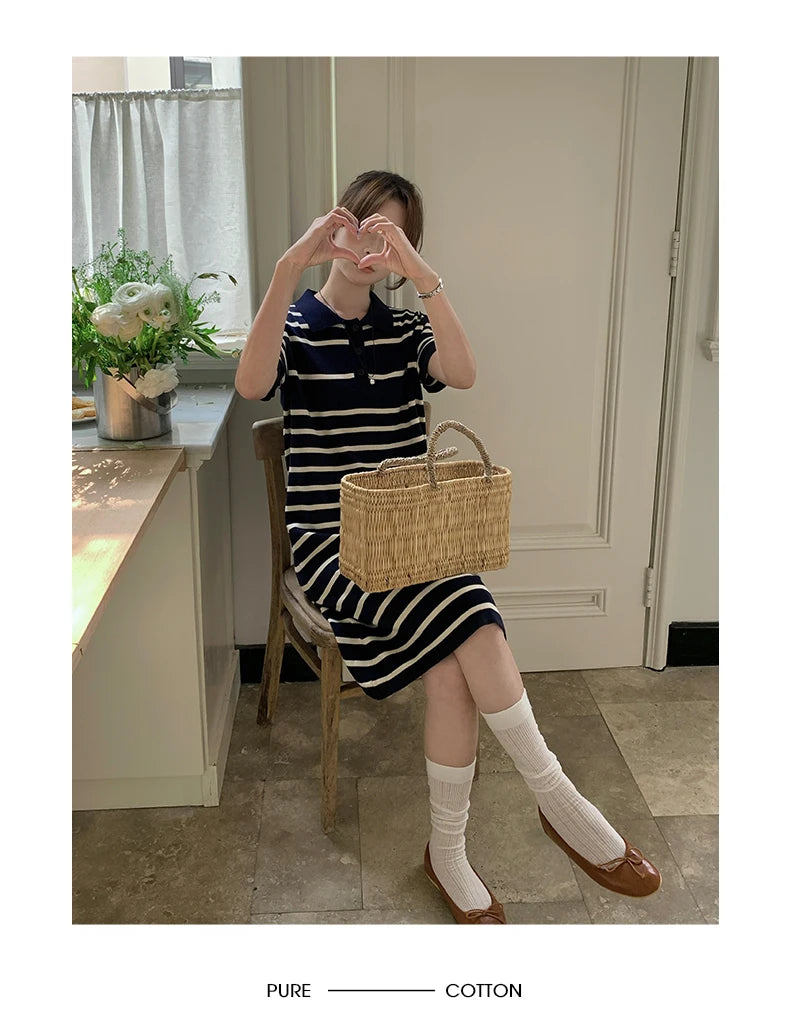 new Korean striped dress for women's summer, pure cotton straight tube mid length skirt