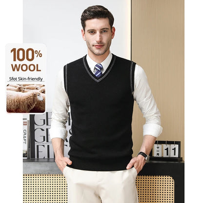 High End 100% Wool New Autum Winter Fashion Brand Knit Pullover Sweater Vest Slim Fit V-neck Sleeveless Casual Mens Clothing