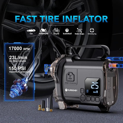 12V Car Jump Starter Power Bank With 150PSI Air Compressor  Portable Electric Car Battery Emergency Boosters Starting