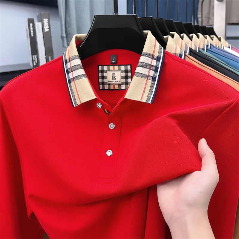 Fashion silk cotton long sleeve polo shirt men's autumn luxury brand simple comfortable new business and leisure lapel T-shirt